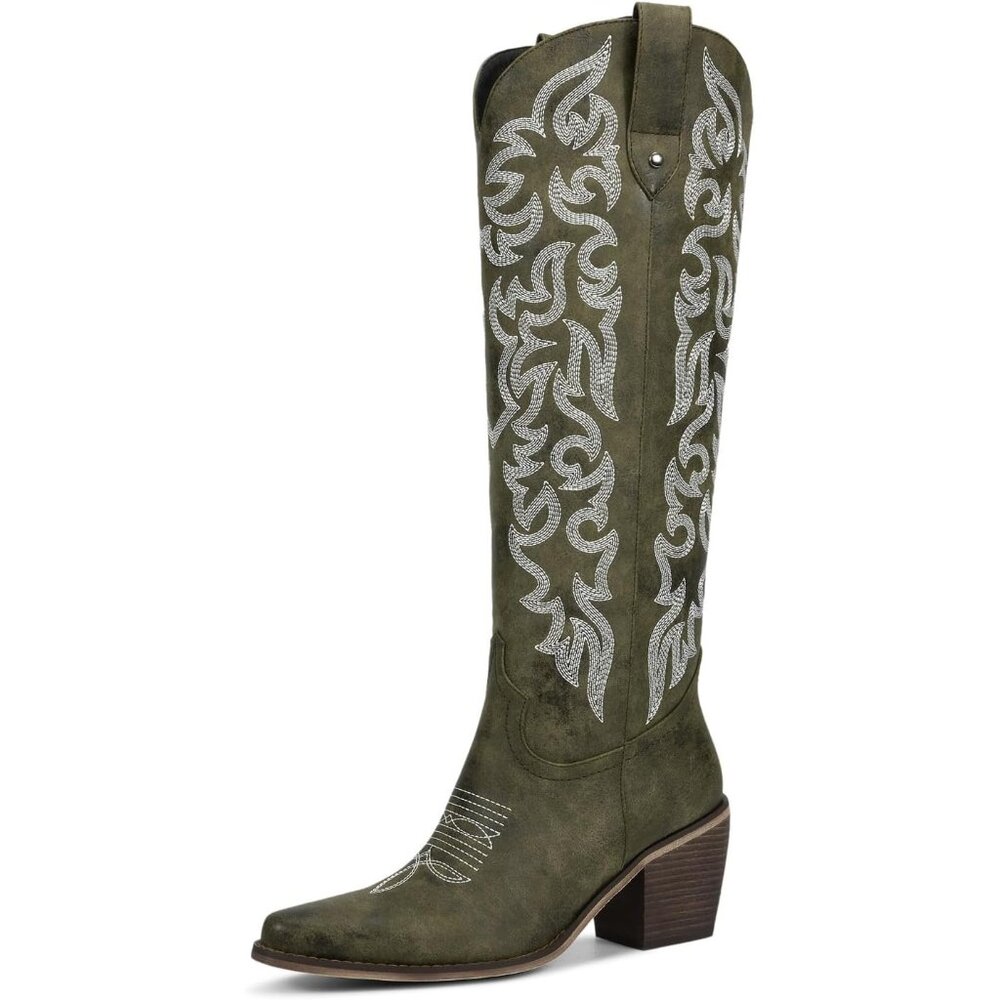 Women's Green Knee High Boots Western Cowgirl Boot With Embroidered Pointed Toe